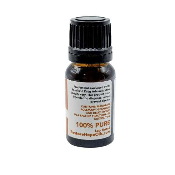 Small essential oil bottle with a label on a white background